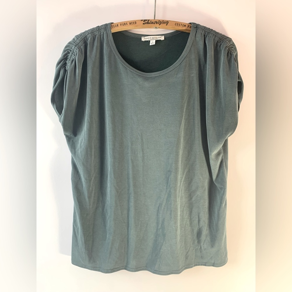 Green Envelope Long Ruched Short Sleeve Green Tunic Top Casual Shirt Sz M